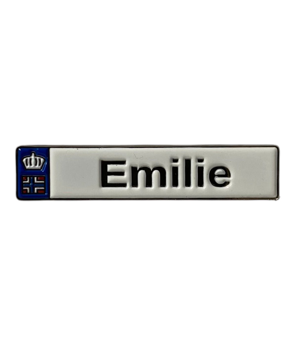 Pinkgul.no Emilie decorative metal sticker with a raised design and blue crown emblem for smooth surfaces