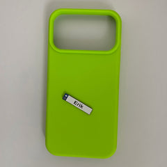Pinkgul.no Erik decorative metal sticker with a smooth surface applied to a bright lime green phone case