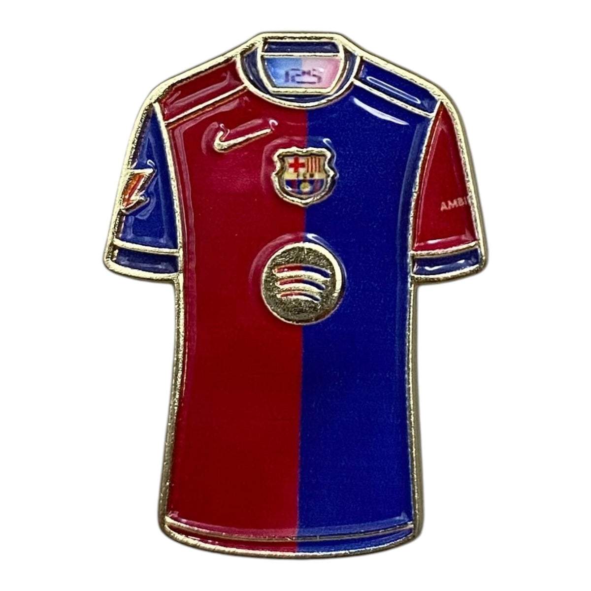 Pinkgul.no decorative metal sticker shaped like a red and blue FC Barcelona football jersey with gold trim.