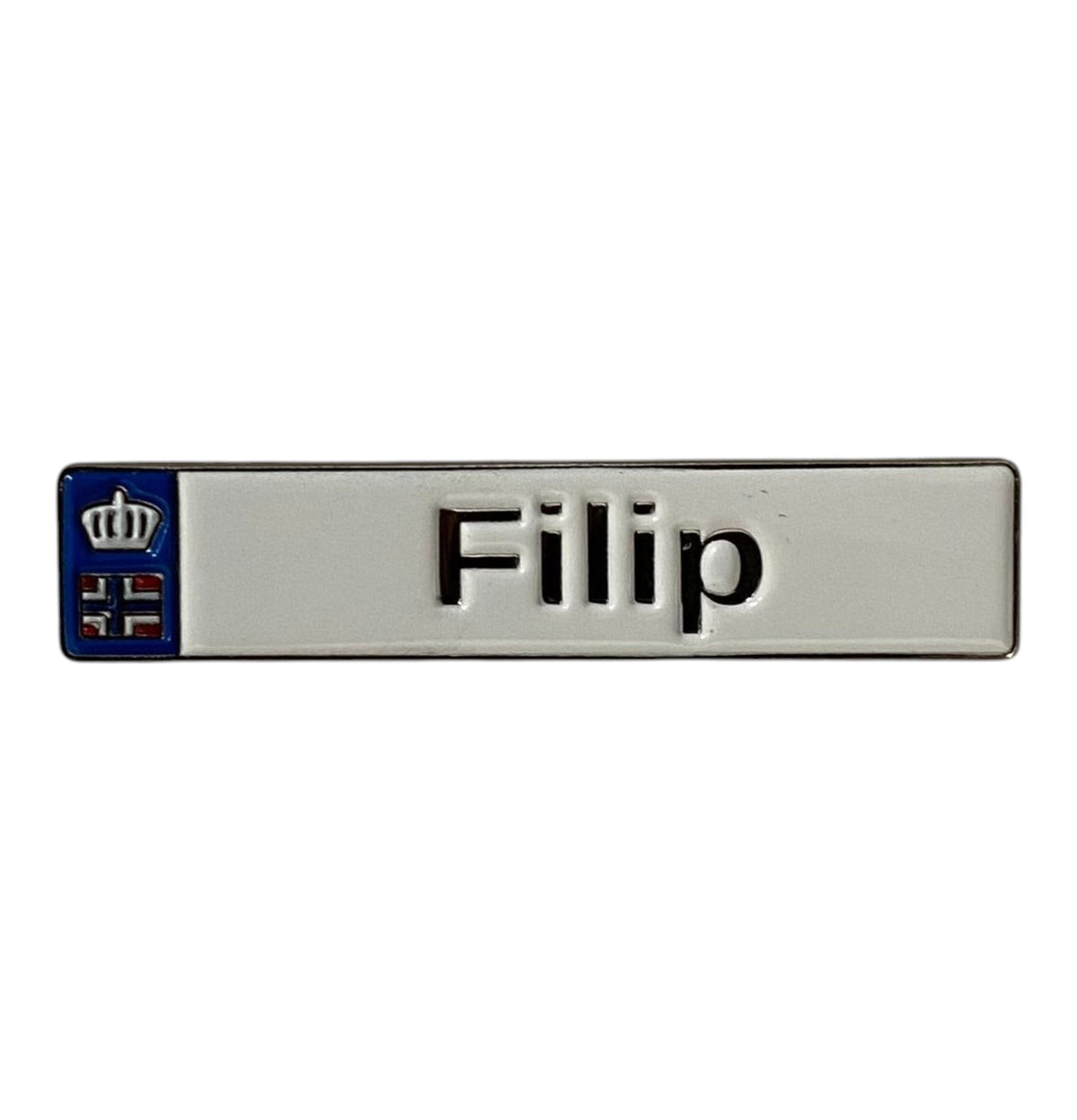 Pinkgul.no Filip decorative metal sticker with a white finish, raised black text, and a small crown emblem.