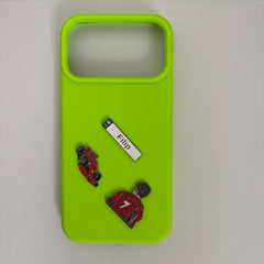 Pinkgul.no Filip decorative metal sticker set featuring a name tag, race car, and soccer player on a lime green case