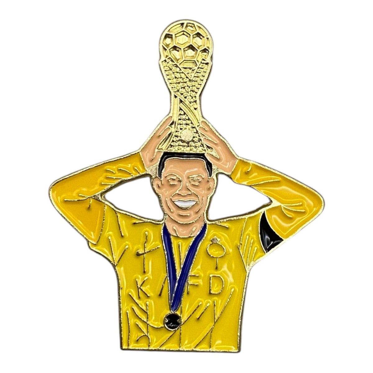 Pinkgul.no decorative metal sticker featuring a football player in a yellow jersey holding a gold trophy overhead.
