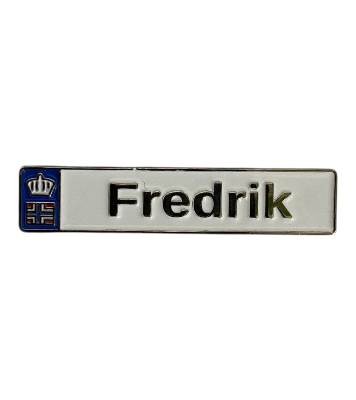Pinkgul.no Fredrik decorative metal sticker with a white background, blue emblem, and raised metallic lettering.