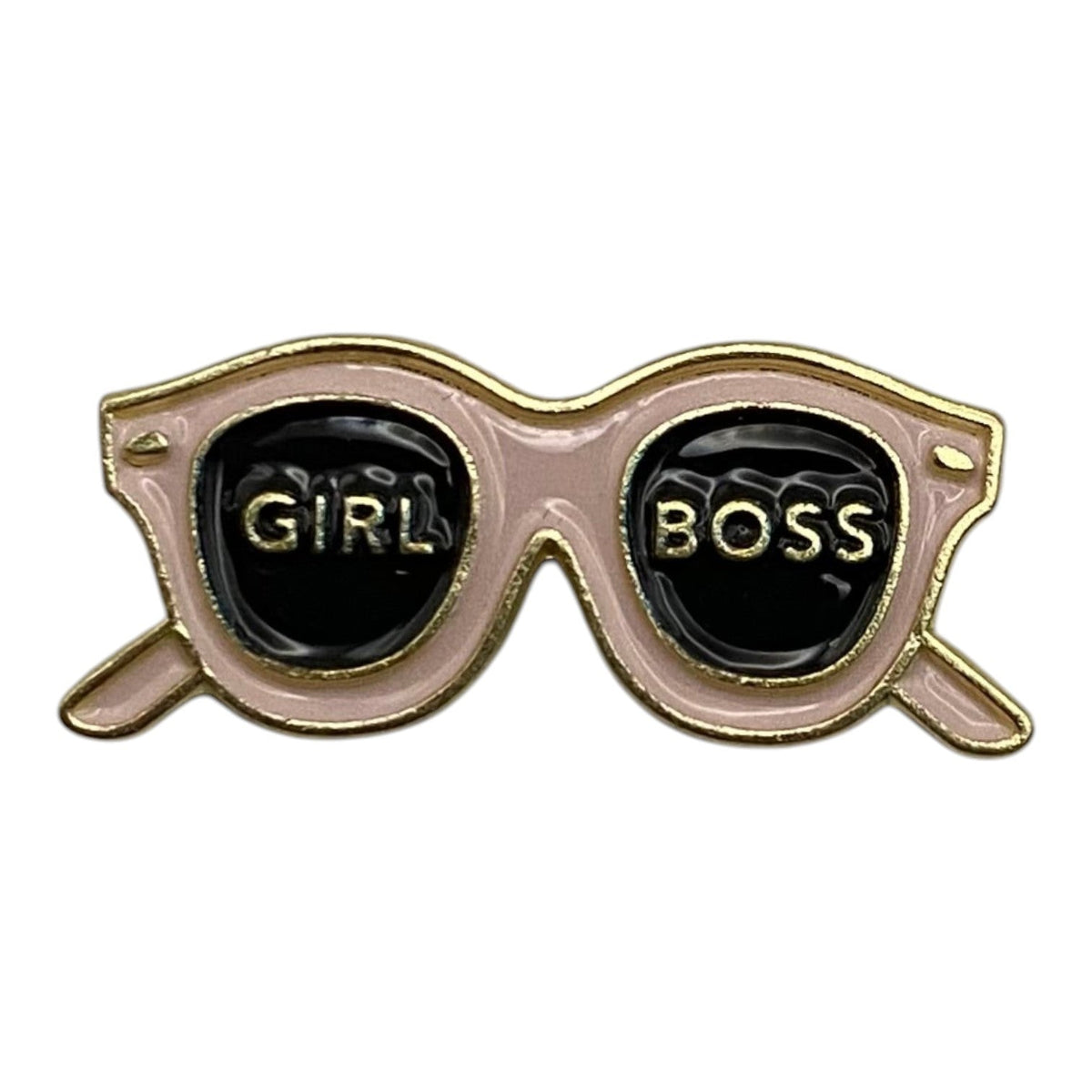Pinkgul.no decorative metal sticker shaped like pink and black sunglasses with the text Girl Boss on the lenses