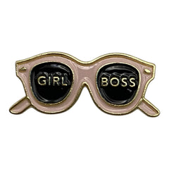 Pinkgul.no decorative metal sticker shaped like pink and black sunglasses with the text Girl Boss on the lenses