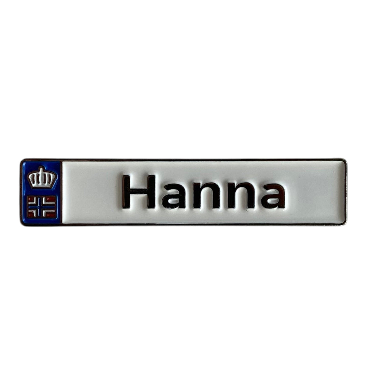 Pinkgul.no Hanna decorative metal sticker with a white background, black text, and a small Norwegian flag icon.