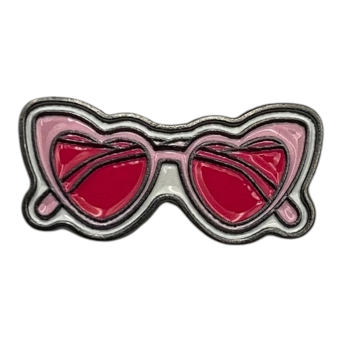 Pinkgul.no decorative metal sticker shaped like pink heart-shaped sunglasses with a raised design.