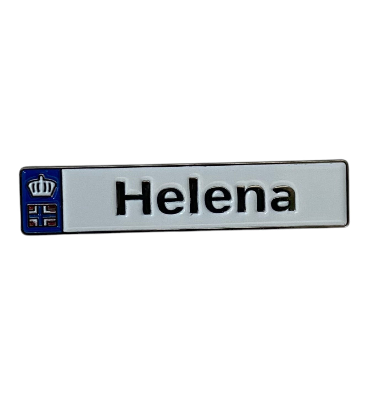 Pinkgul.no Helena decorative metal sticker with a white background, black text, and a small Norwegian flag icon.