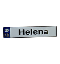 Pinkgul.no Helena decorative metal sticker with a white background, black text, and a small Norwegian flag icon.