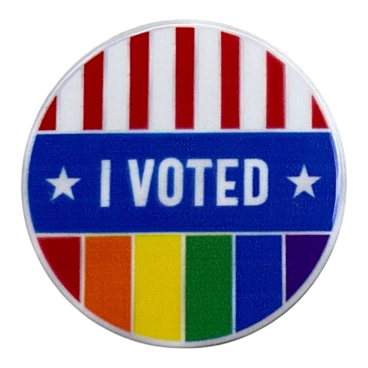 Pinkgul.no round metal sticker featuring an I Voted design with American flag stripes and a rainbow pride flag pattern.