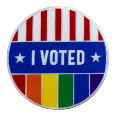 Pinkgul.no round metal sticker featuring an I Voted design with American flag stripes and a rainbow pride flag pattern.