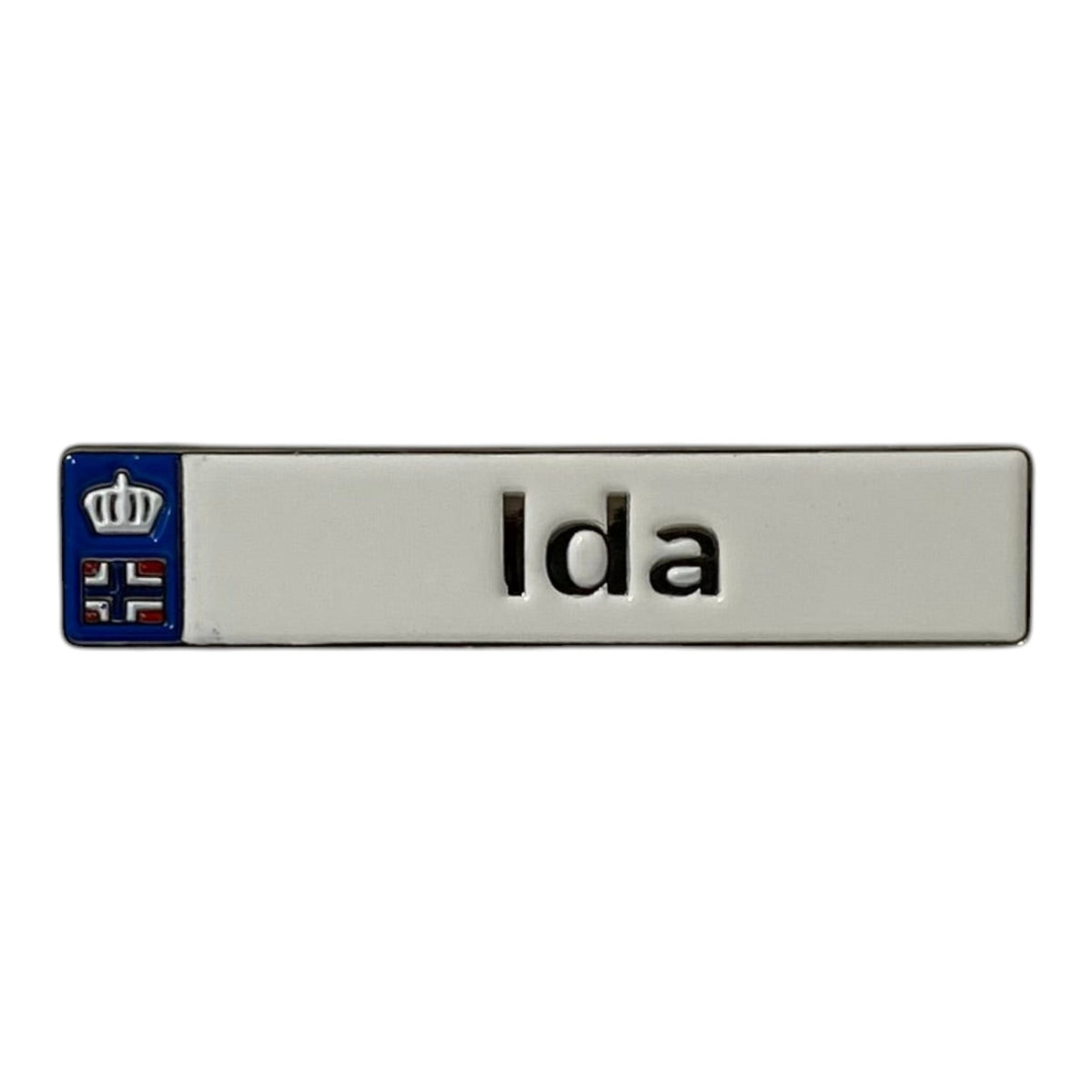 Pinkgul.no Ida decorative metal sticker with a crown and flag emblem on a white background