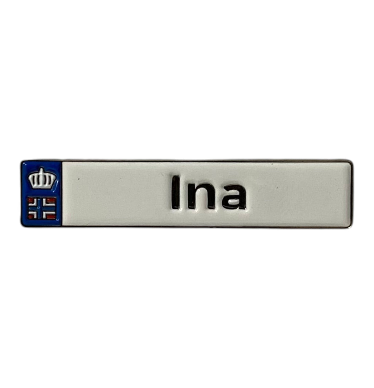 Pinkgul.no Ina decorative metal sticker with a raised design and Norwegian flag detail on a white background