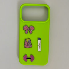 Pinkgul.no Ingrid decorative metal stickers featuring a pink bow, money bag, and dumbbell on a lime green phone case.