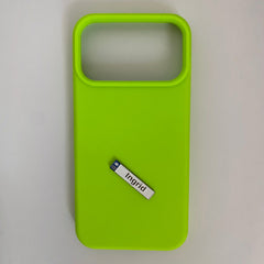 Pinkgul.no Ingrid decorative metal sticker with raised lettering placed on a bright lime green phone case