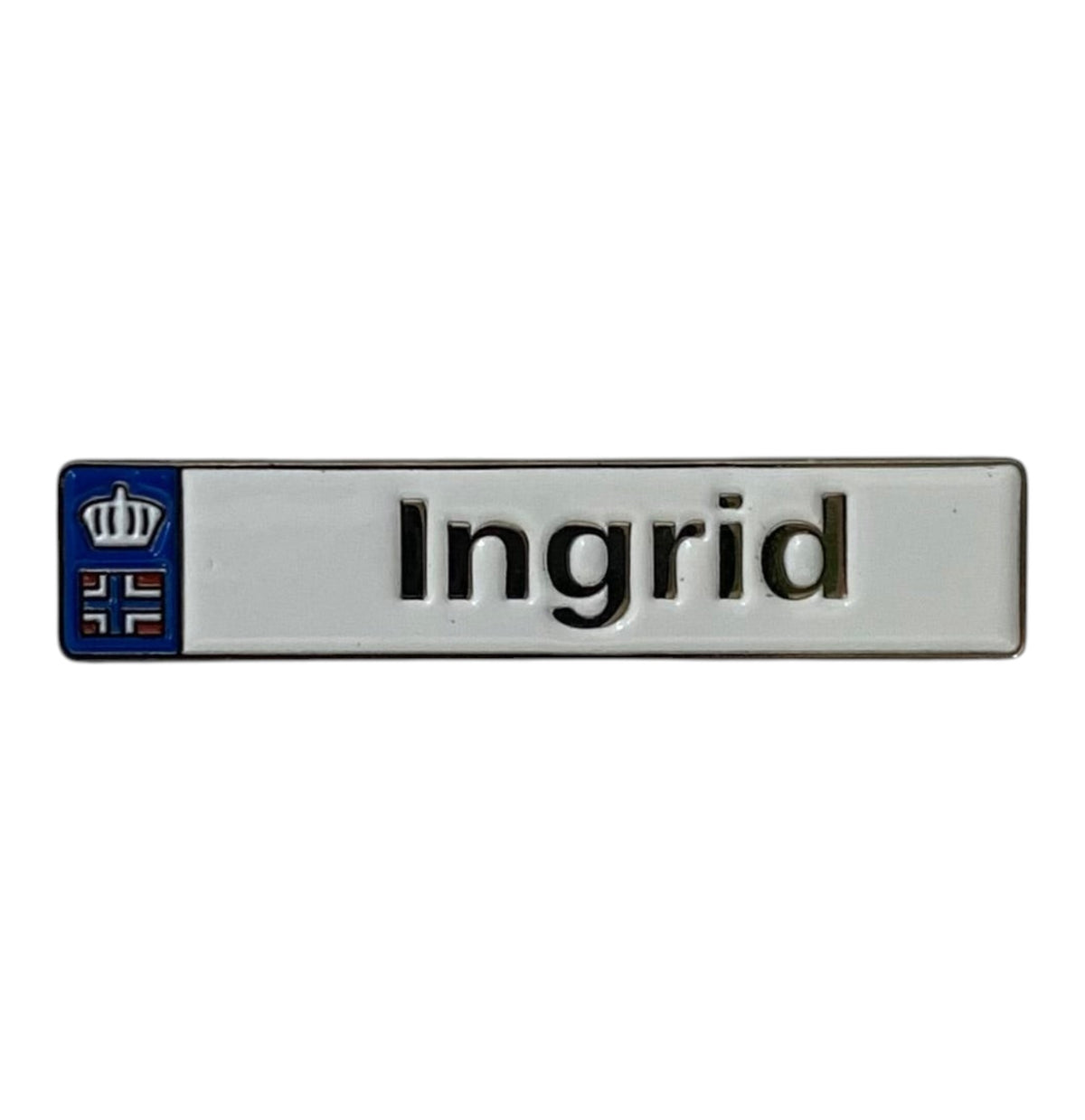 Pinkgul.no Ingrid decorative metal sticker with a raised name design and a small crown emblem on a white background