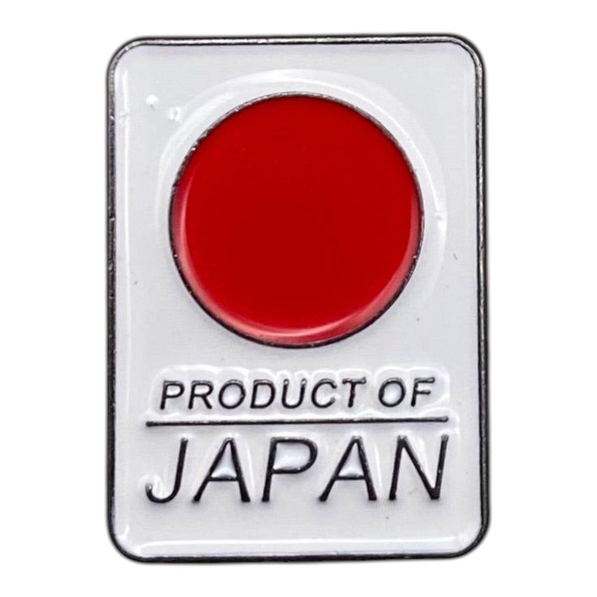Pinkgul.no decorative metal sticker featuring a red circle and the text Product of Japan on a white background.