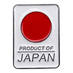 Pinkgul.no decorative metal sticker featuring a red circle and the text Product of Japan on a white background.