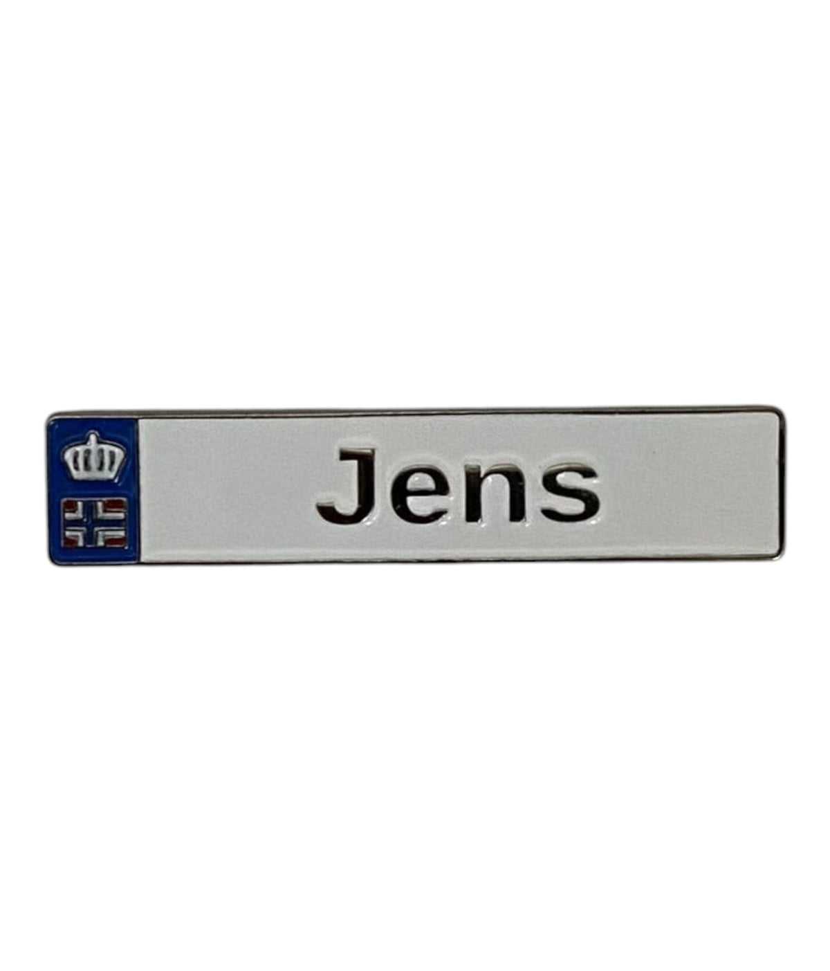 Pinkgul.no Jens decorative metal sticker with a silver finish, blue accent, and crown emblem for smooth surfaces.