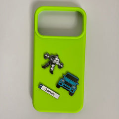 Pinkgul.no Jonas decorative metal sticker set featuring a bodybuilder and blue car on a lime green phone case
