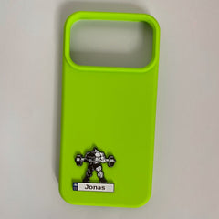 Pinkgul.no Jonas decorative metal sticker featuring a bodybuilder design applied to a bright lime green phone case