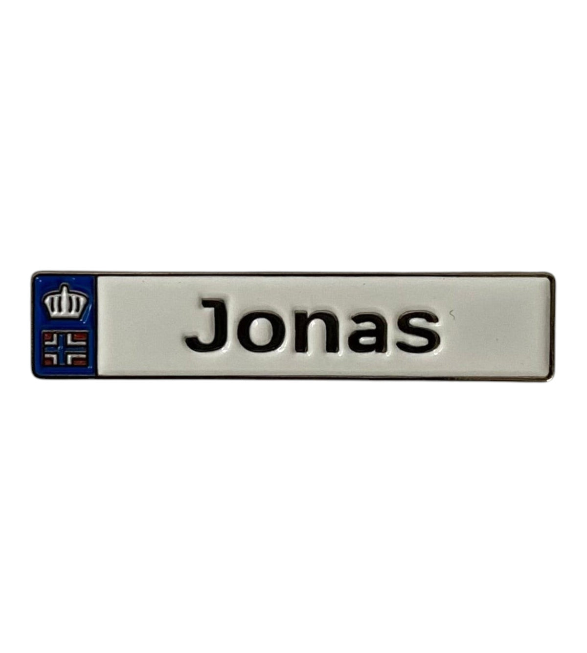 Pinkgul.no Jonas decorative metal sticker with a white background, black text, and a small blue and red emblem.
