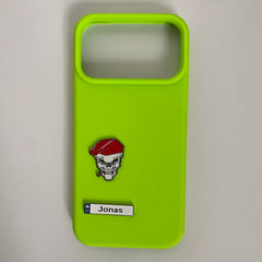 Pinkgul.no Jonas decorative metal sticker with skull design on a bright lime green phone case