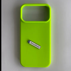 Pinkgul.no Jonathan decorative metal sticker with a white and blue design applied to a neon green phone case