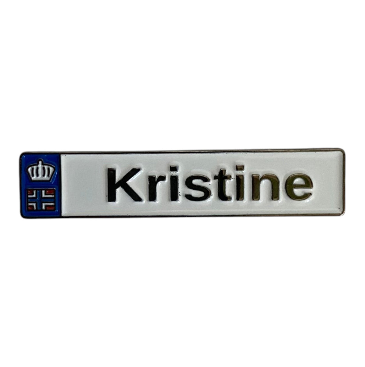 Pinkgul.no Kristine decorative metal sticker with a small blue crown emblem and raised lettering on a white background