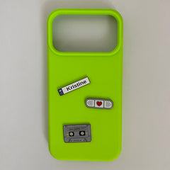 Pinkgul.no Kristine decorative metal stickers on a bright lime green phone case
