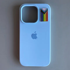 Pinkgul.no LGBTQ pride flag metal sticker applied to a light blue iPhone case for decorative mobile customization