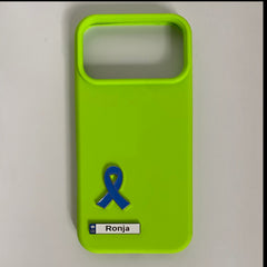 Pinkgul.no lime green phone case with a blue awareness ribbon metal sticker and a personalized Ronja name tag