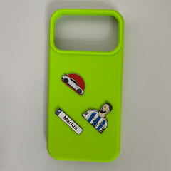 Pinkgul.no bright lime green phone case decorated with metal stickers of a sports car, a soccer player, and a name tag