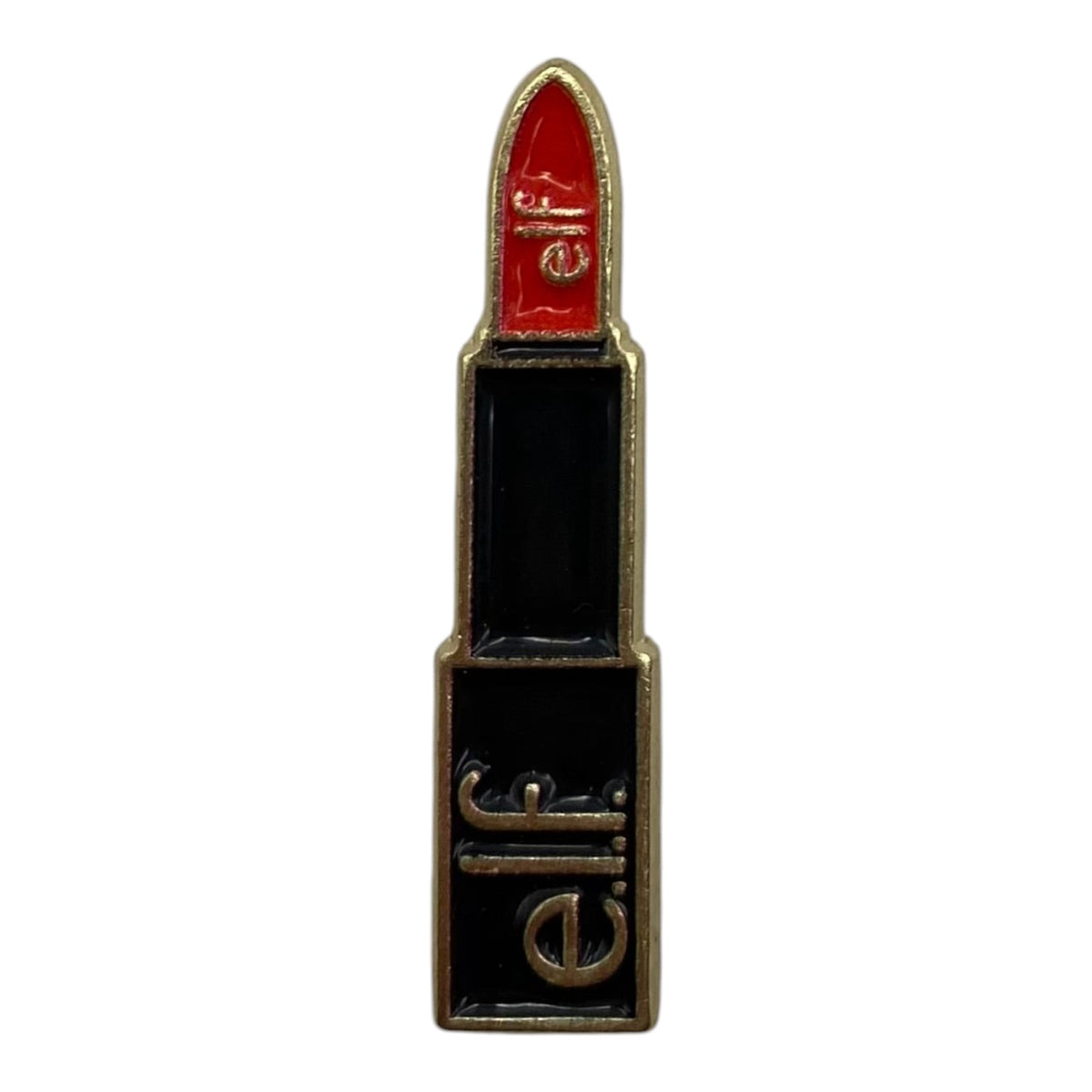Pinkgul.no decorative metal sticker shaped like a lipstick tube with red and black enamel details and gold trim.