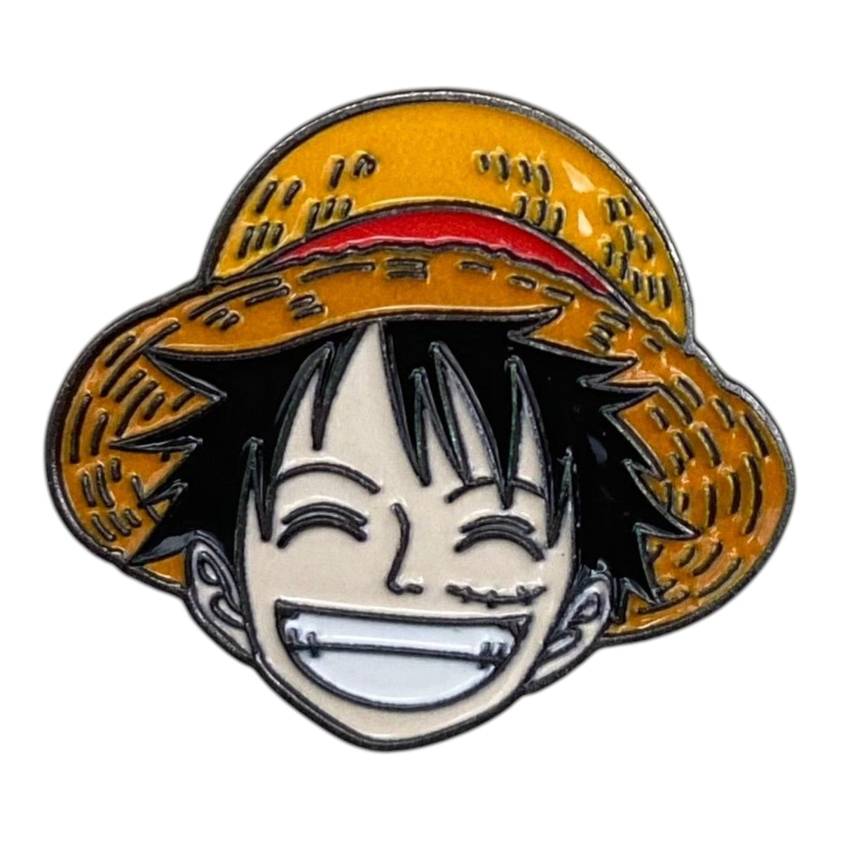 Pinkgul.no decorative metal sticker featuring a smiling Monkey D. Luffy character with his signature straw hat