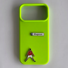Pinkgul.no Magnus decorative metal sticker and football player emblem on a bright neon green phone case