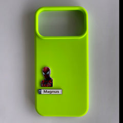 Pinkgul.no Magnus decorative metal sticker featuring Spider-Man on a bright lime green phone case