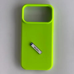 Pinkgul.no decorative metal sticker with the name Malin, applied to a bright neon green smartphone case.