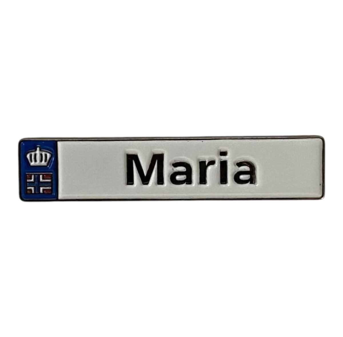 Pinkgul.no Maria decorative metal sticker with a white background, black text, and a small blue crown emblem.