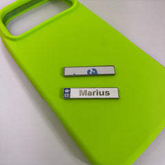 Pinkgul.no Marius decorative metal sticker with a raised design on a bright lime green phone case