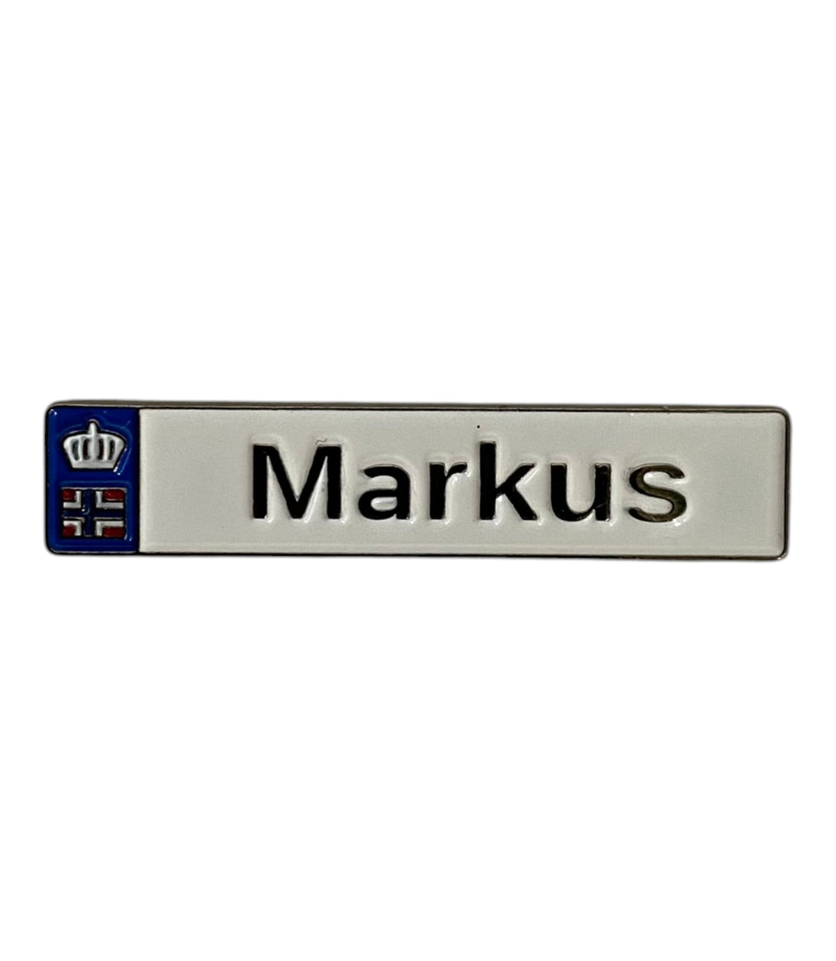 Pinkgul.no Markus decorative metal sticker with a crown logo and name text for smooth surfaces