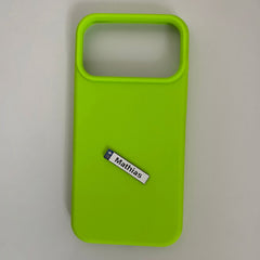 Pinkgul.no Mathias decorative metal sticker applied to a bright lime green phone case