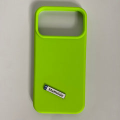 Pinkgul.no Mathilde decorative metal sticker applied to a bright neon green smartphone case