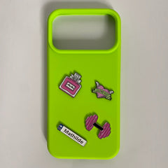 Pinkgul.no Mathilde decorative metal stickers applied to a bright neon green smartphone case