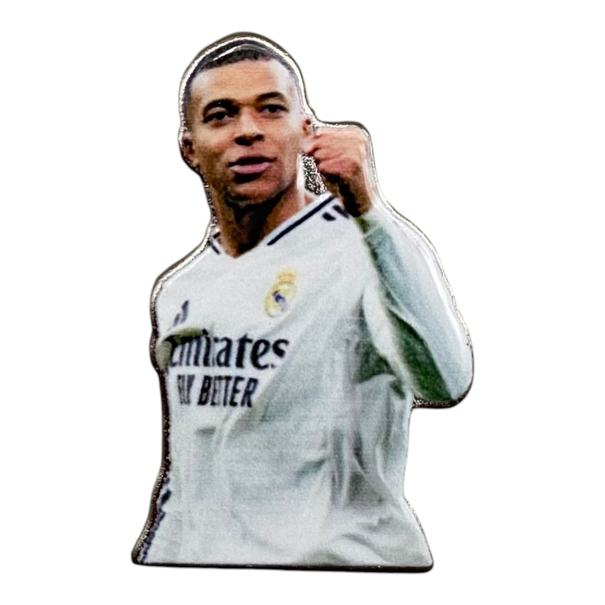 Pinkgul.no decorative metal sticker featuring Kylian Mbappé in a Real Madrid kit with a raised, smooth finish.