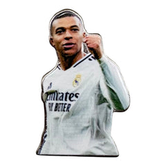 Pinkgul.no decorative metal sticker featuring Kylian Mbappé in a Real Madrid kit with a raised, smooth finish.