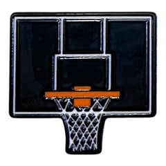 Pinkgul.no decorative metal basketball hoop sticker with a black backboard, orange rim, and white net detail.