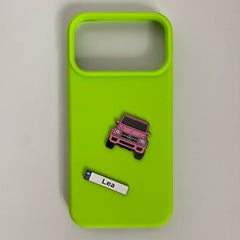 Pinkgul.no decorative metal car sticker and Lea name plate on a bright lime green phone case