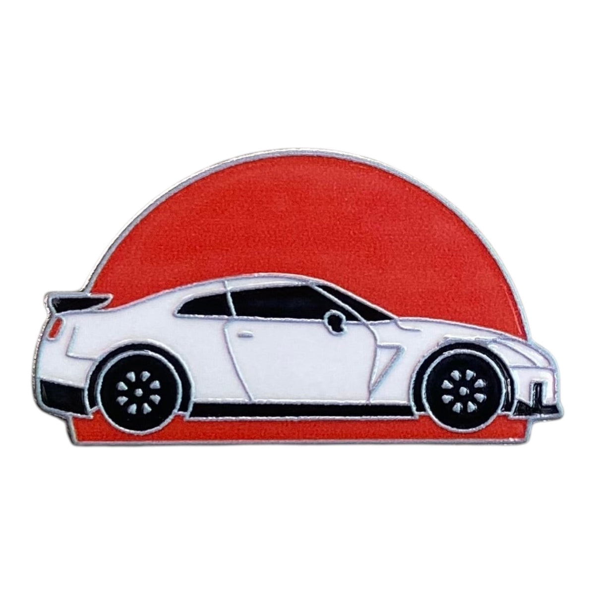 Pinkgul.no decorative metal sticker featuring a white sports car silhouette against a red sun background
