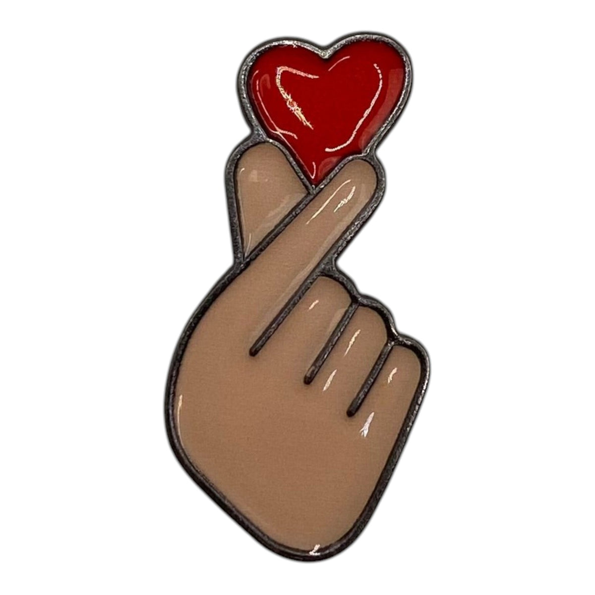Pinkgul.no decorative metal sticker featuring a hand making a finger heart gesture with a red heart accent